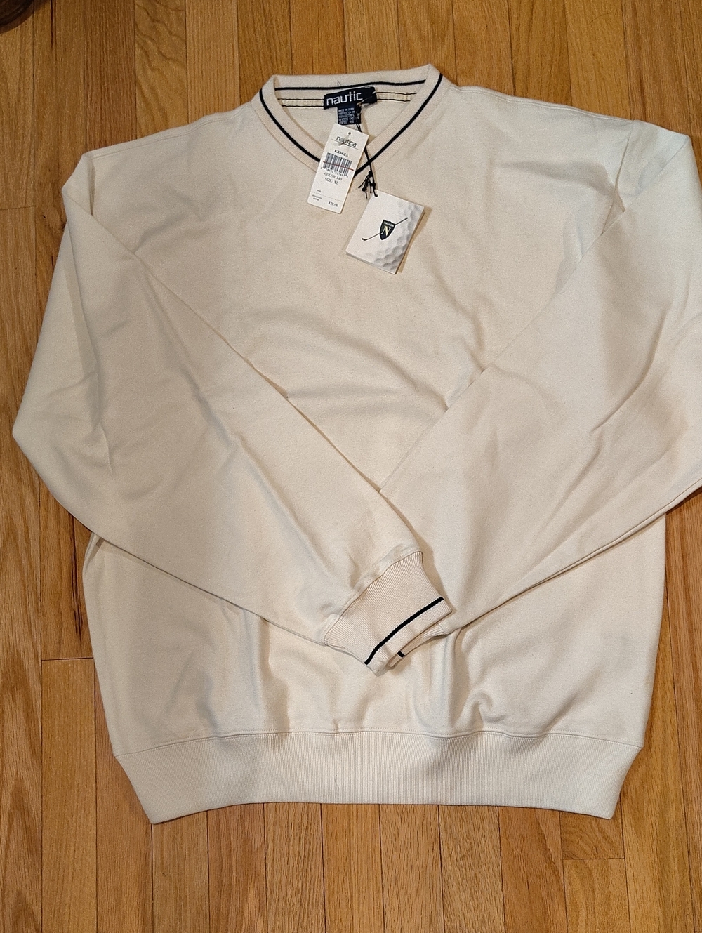Nautica Men’s Cream V-Neck Sweater with Black Trim